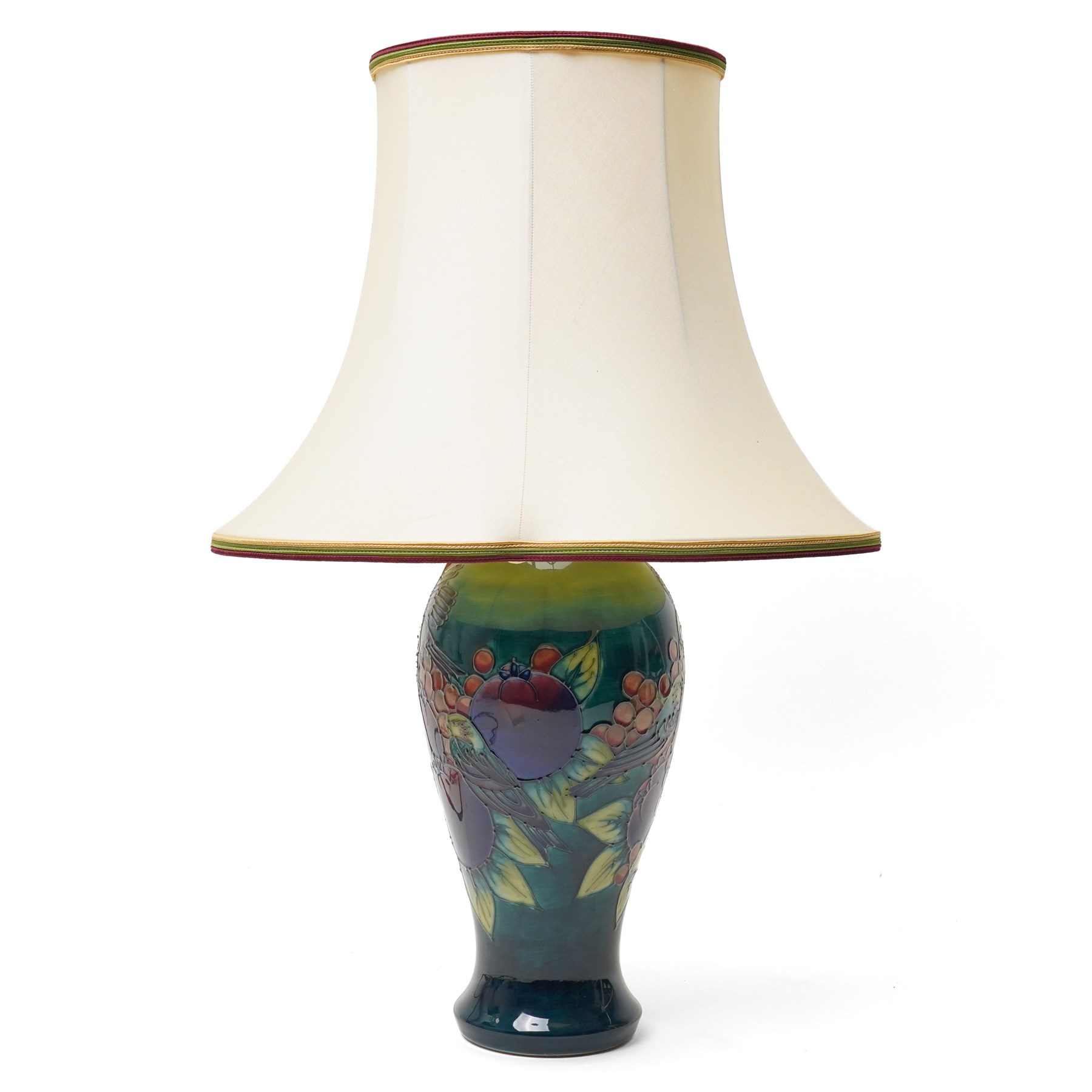 Moorcroft Finches and Berries pattern table lamp and shade, including shade H59cm  