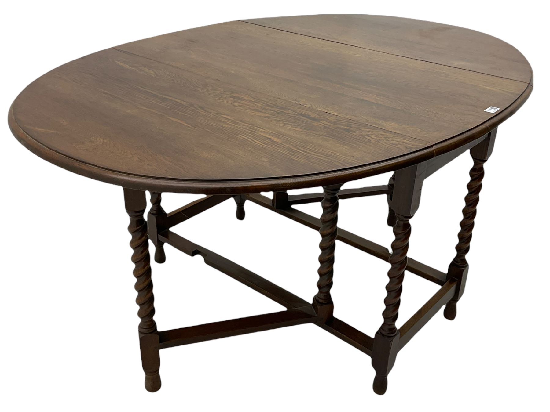 Early 20th century oak barley twist drop leaf dining table (105cm x 154cm, H74cm), and four chairs 