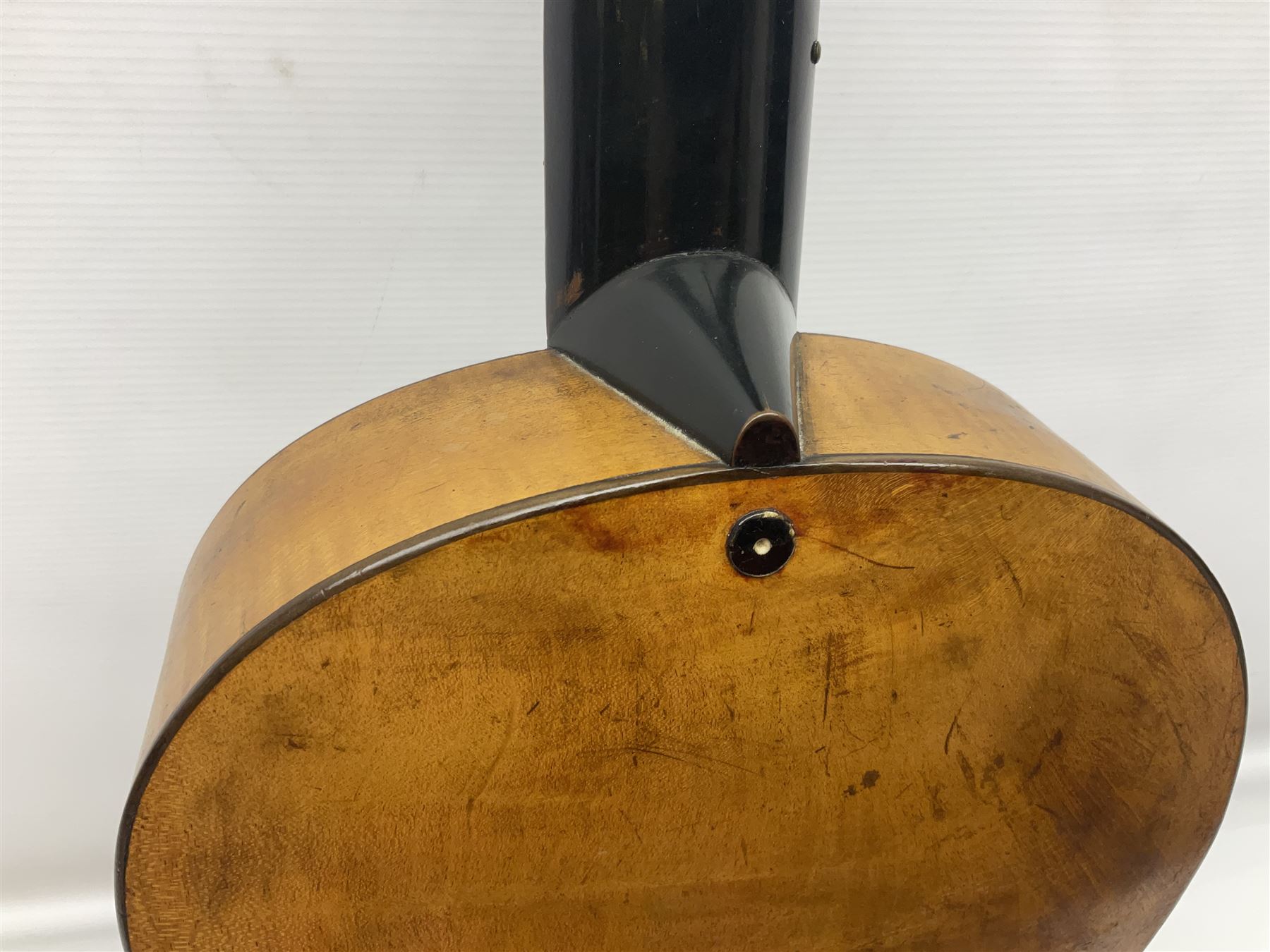 19th century Continental parlour guitar for restoration or display, with maple back and sides,  spruce top, scalloped neck and bone pegs; bears inset plaque to head 'Lapaix Paris 1830' and 'John Eastwood Teacher of the Guitar' paper label with manuscript note 'Fine Old Guitar Restored 1888 by JCB Leeds' L92cm