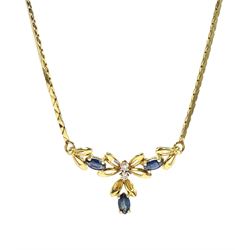9ct gold marquise shaped sapphire and diamond necklace, hallmarked