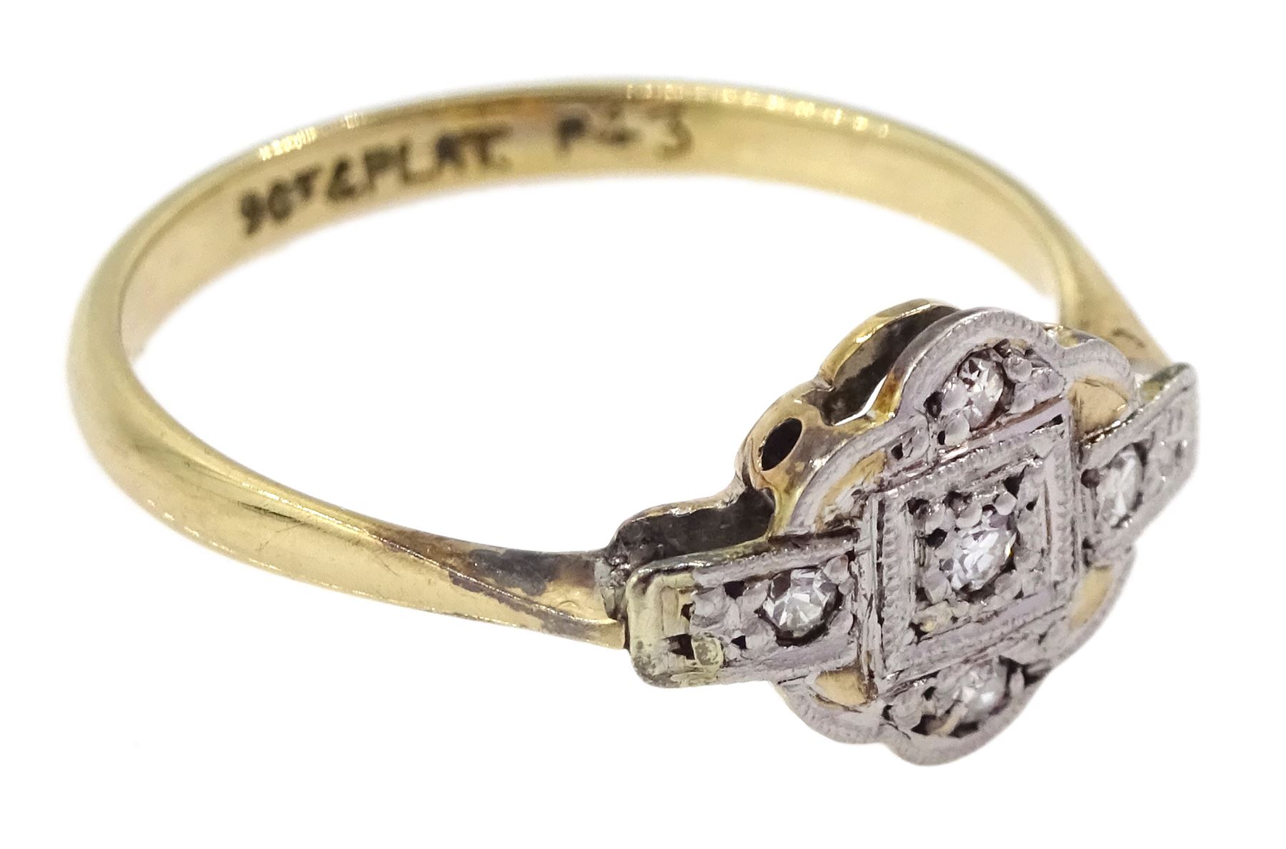 Art deco gold and platinum milgrain set diamond ring, stamped 9ct