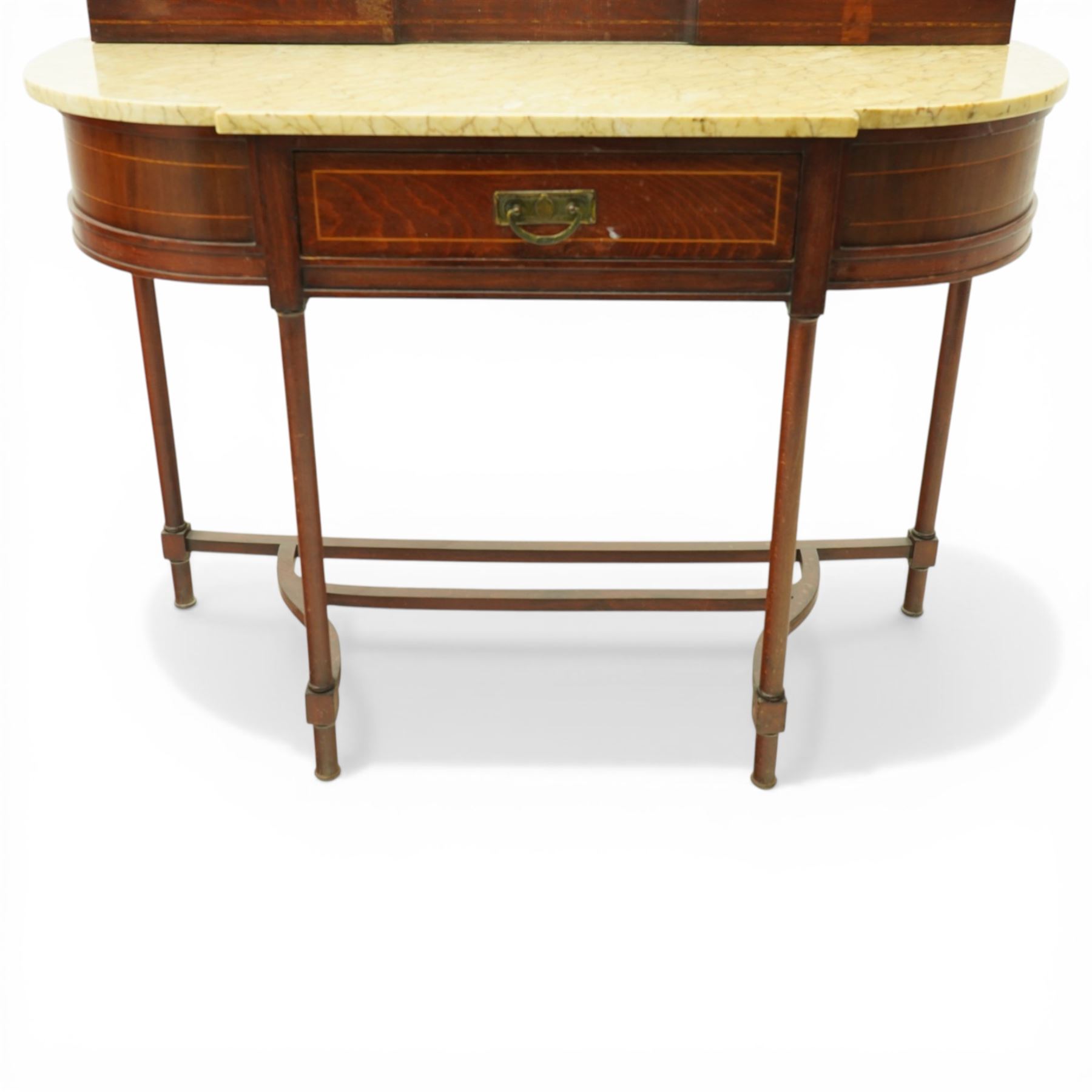 Edwardian inlaid mahogany dressing table, serpentine fronted marble top over central frieze drawer flanked by bowed sides, raised back with line inlaid decoration and oval swing mirror, on slender tapering supports united by shaped undertier