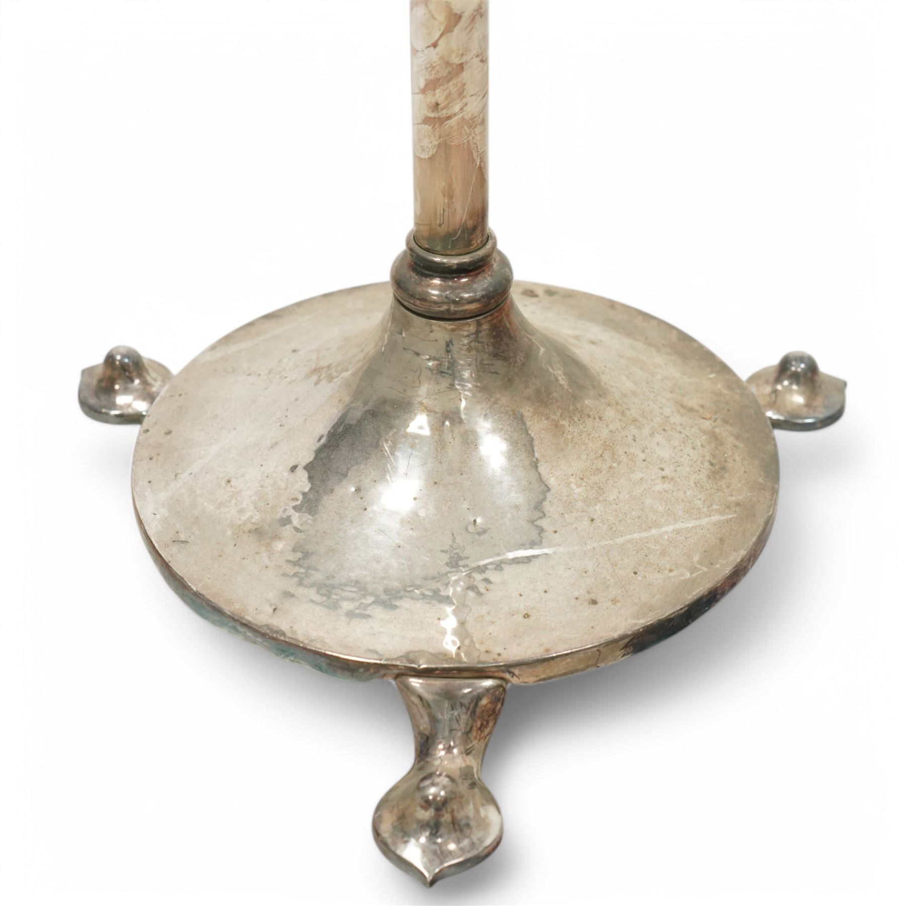 Early 20th century chrome plated telescopic standard lamp, one uplighter and two downlighters, on circular hammered base with three shaped feet 
