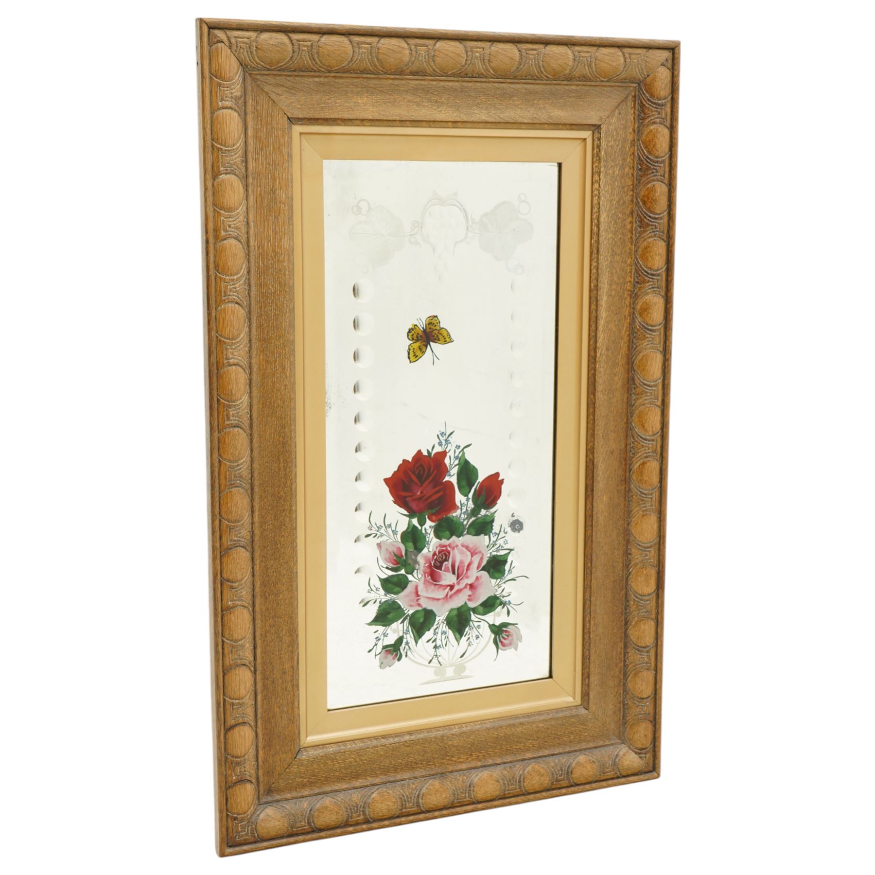 Set of eight early/mid 20th century oak framed 'Gypsy' mirrors, each of rectangular form, the mirror plates decorated with acid etched and cut fruiting vines and reverse painted flowering urns and butterflies, overall 82.5cm x 52cm