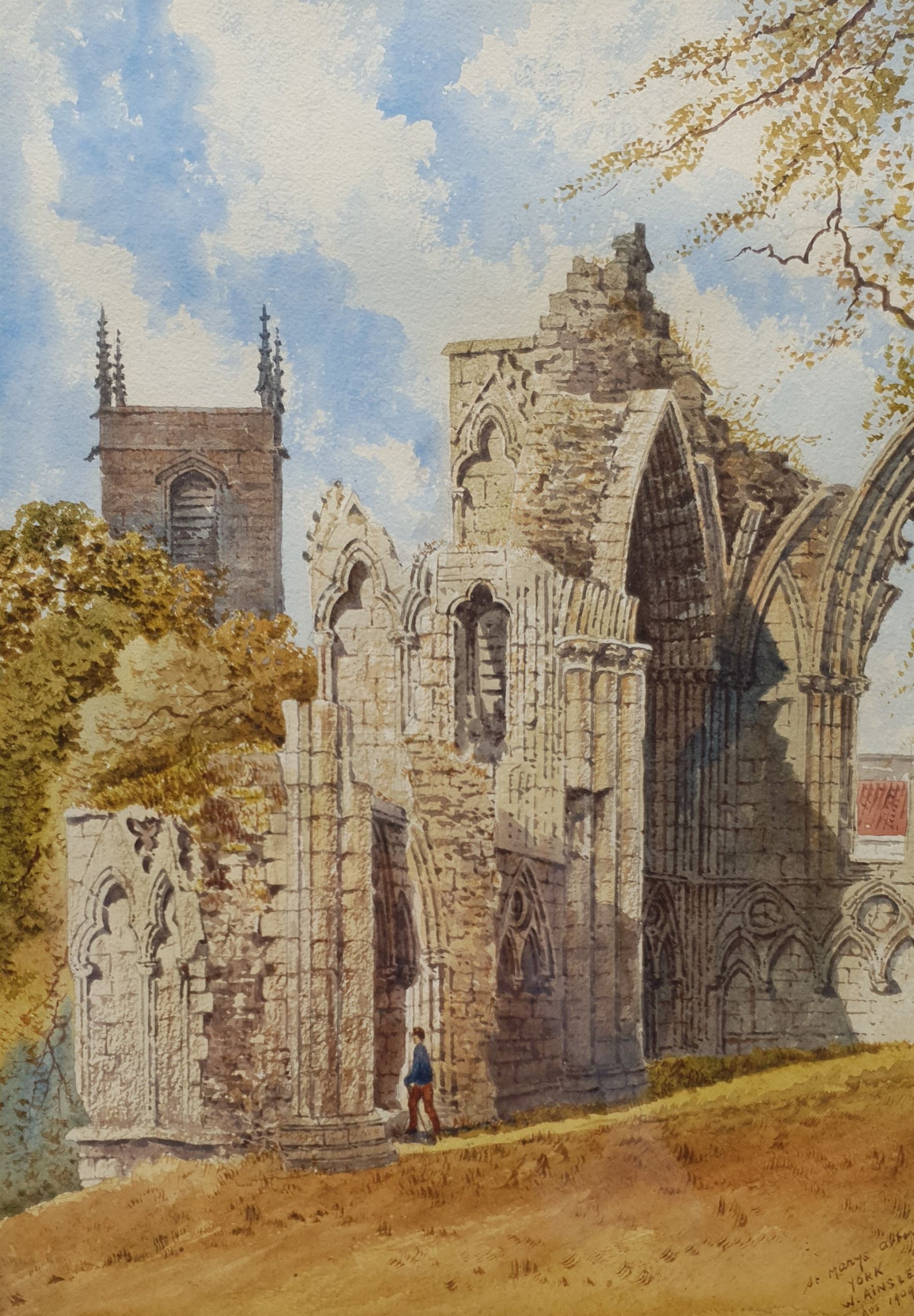 W Ainsley (British early 20th century): 'St Mary's Abbey York', watercolour signed titled and dated August 1909, 35cm x 24cm; together with two reproduction Saxton maps of Yorkshire and Lincolnshire, max 55cm x 74cm (3)