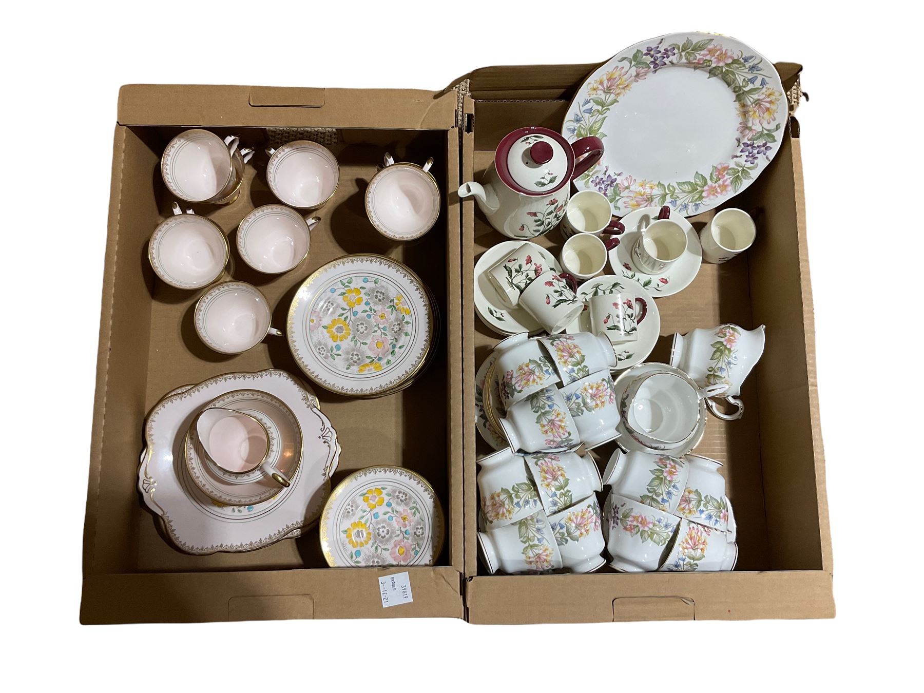 Paragon tea wares decorated in the 'Country Lane' pattern, Plant Tuscan tea set for nine, the pink ground with flower and gilt decoration, Wedgwood 'Mayfield' coffee wares etc in two boxes