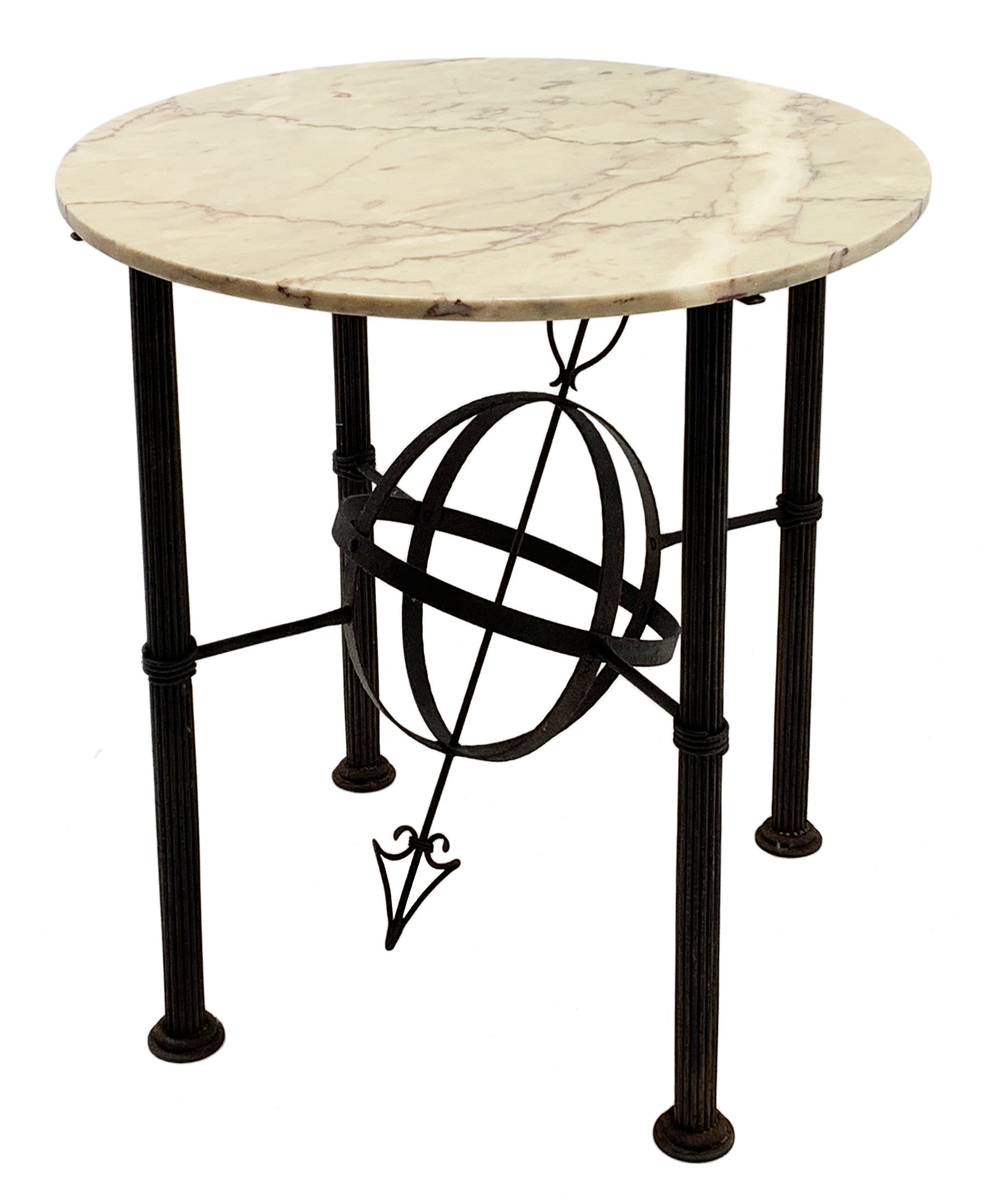 Architectural table, circular marble top on wrought metal base, cluster column supports connected by armillary sundial, D80cm, H78cm