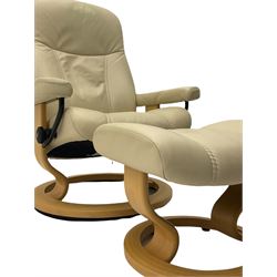 Ekornes - Stressless armchair upholstered in cream leather with matching footstool 