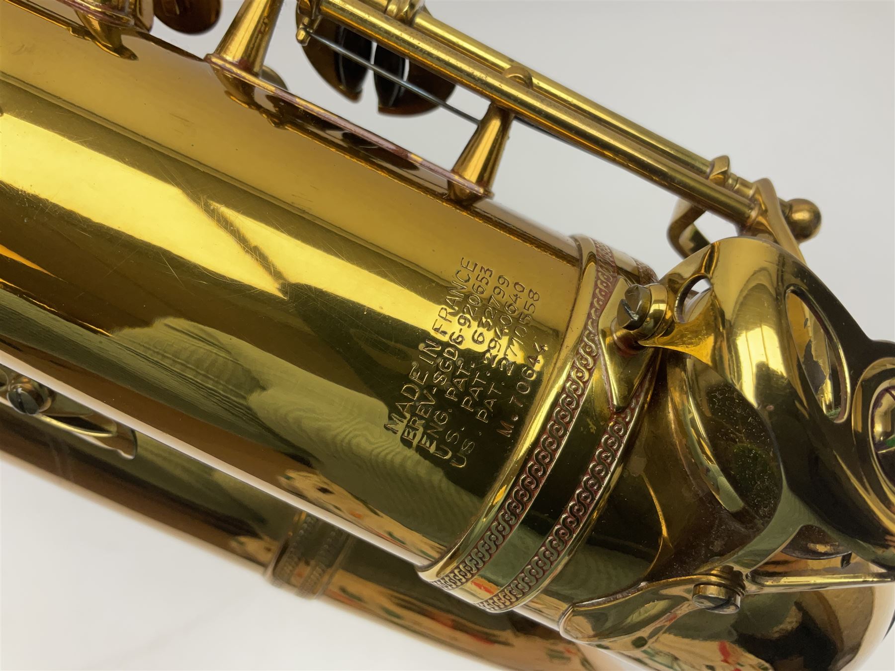 Mid-20th century French Henri Selmer Mark VI tenor saxophone, serial no.M.70644 for 1957, various French, English and American patent numbers, crudely stamped J.A.Brown twice to thumb rest; in fitted hard case with crook and other accessories including two Berg Larsen mouthpieces, reed cutter etc