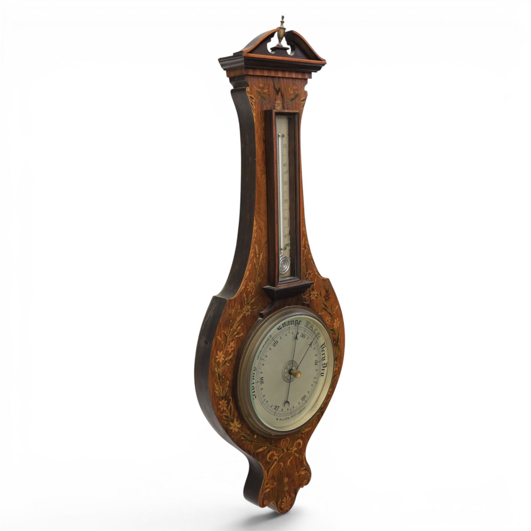 Edwardian mahogany barometer, shaped case with swan neck pediment and urn finial, satinwood inlaid floral and ribbon tied decoration, fitted with silvered thermometer scale over circular aneroid dial, signed W. Allen, Nottingham