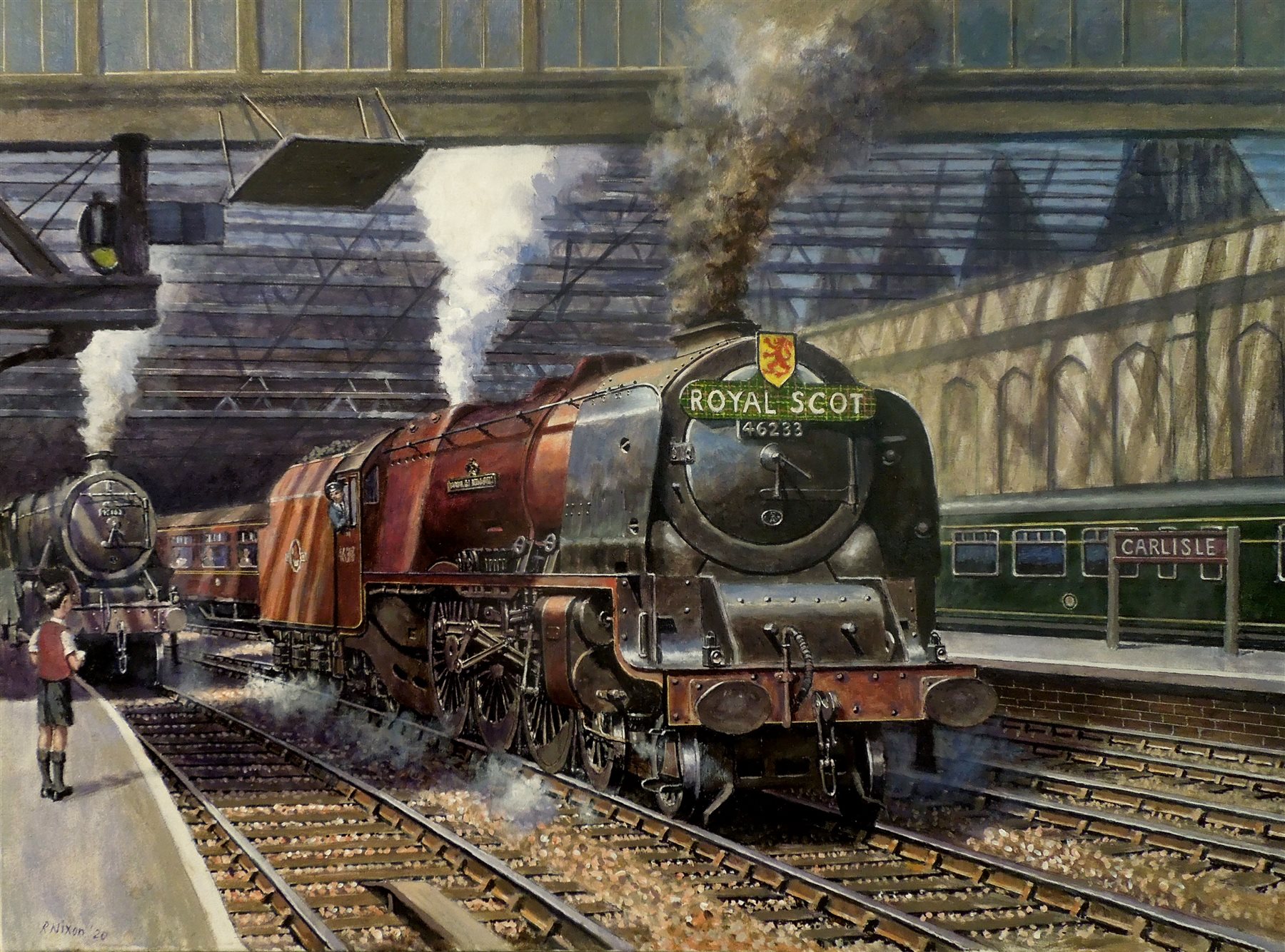 Robert Nixon (British 1955-): The Royal Scot 'Duchess of Sutherland' in Carlisle Railway Station, oil on canvas signed and dated '20, 75cm x 100cm