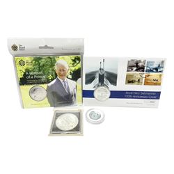 Commonwealth Of The Bahamas 1978 silver proof ten dollars coin with certificate, Queen Elizabeth II Turks and Caicos Islands silver twenty crowns coin in commemorative first day cover, The Royal Mint United Kingdom 2018 'Celebrating the 70th Birthday of HRH The Prince of Wales' five pound coin in card folder and 2022 The Snowman and The Snowdog coloured fifty pence coin