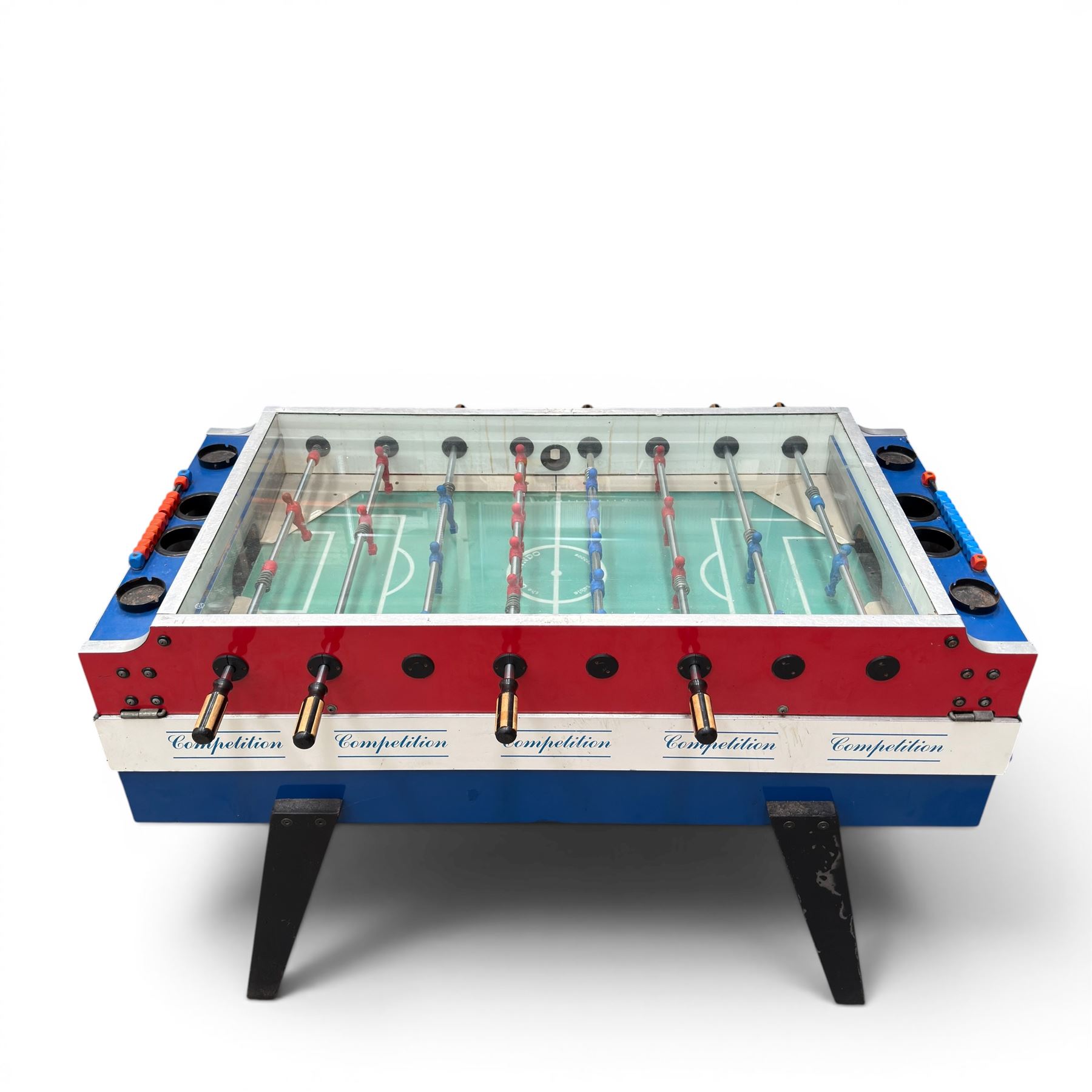 Garlando - vintage coin operated table football, tempered glass top, in red blue and white painted finish with 'Competition'  stencils, complete with ashtrays and score-trackers