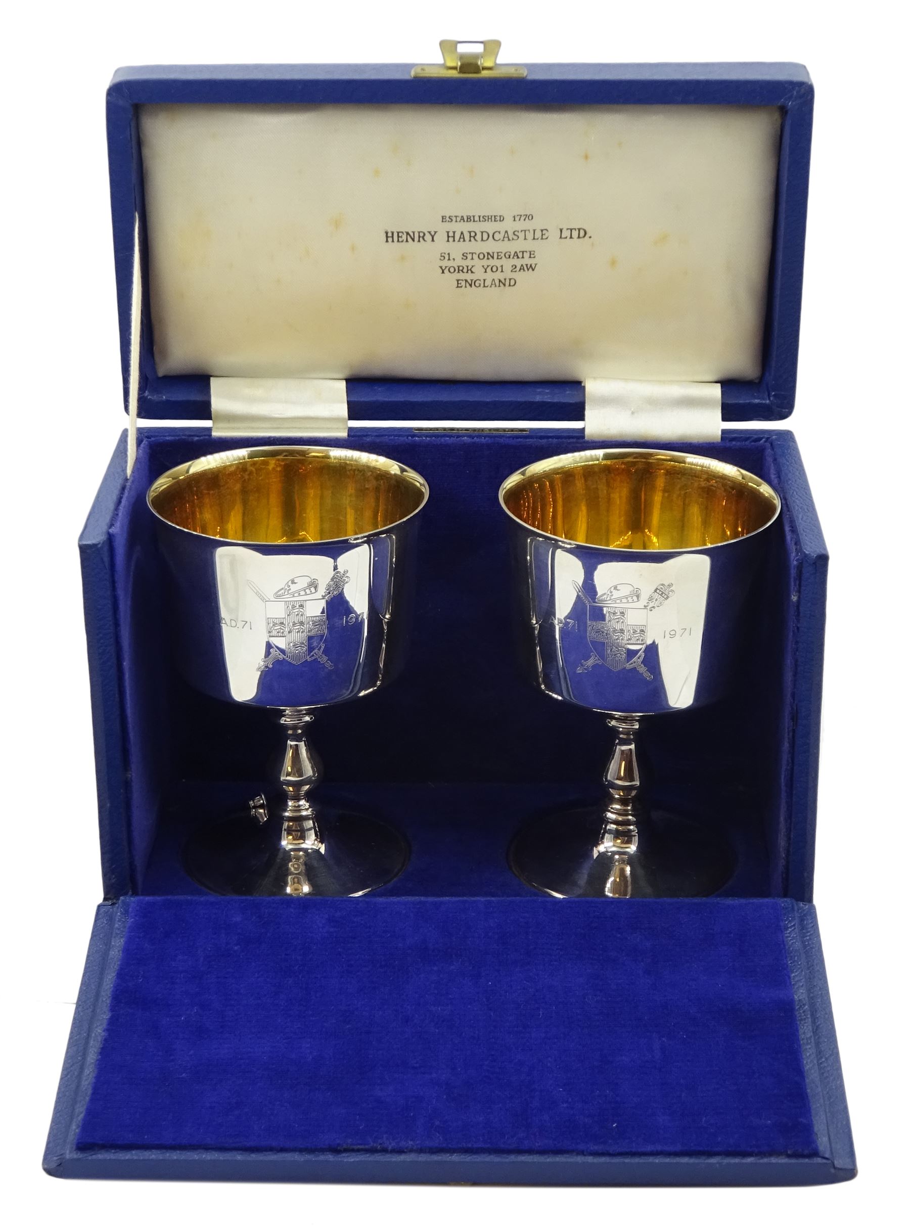 Pair of silver goblets, commemorating the City of York 1900th anniversary, founded A.D.71, by Barker Ellis Silver Co, Birmingham 1971, approx 9.6oz, retailed by Henry Hardcastle Ltd, Stonegate York cased