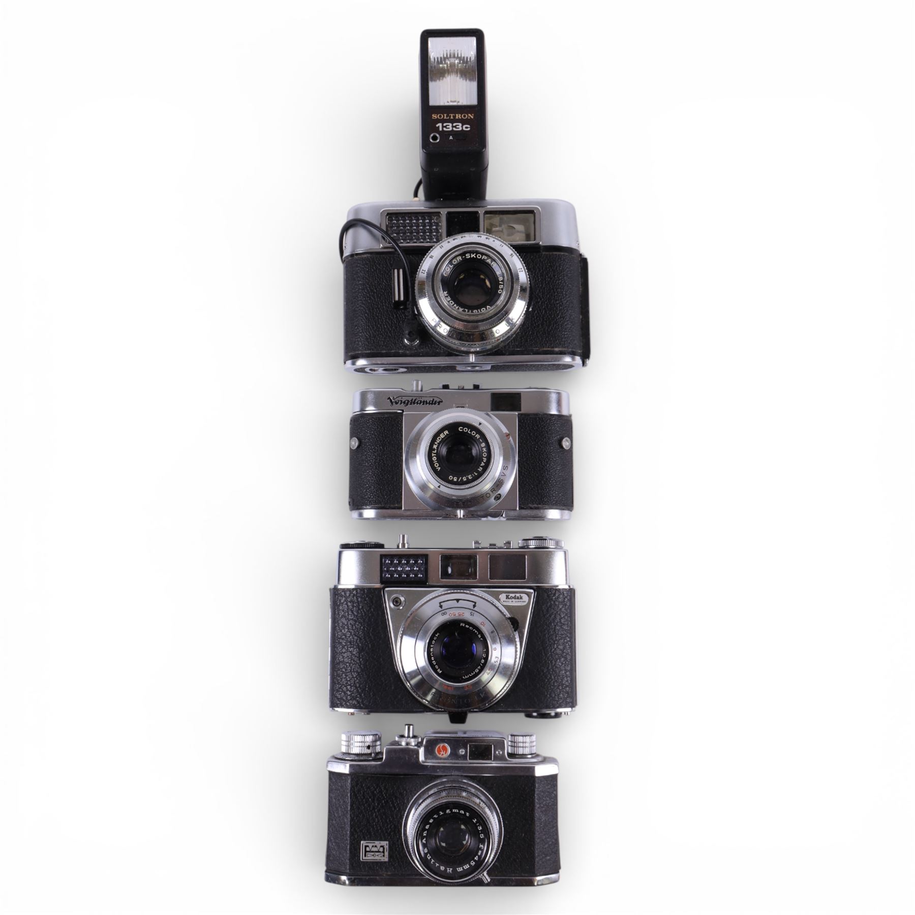 Collection of rangefinder and similar cameras, including Voigtlander, Retinette, Agima, Condor, Pentax, etc