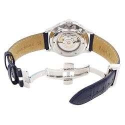 Louis Erard gentleman's stainless steel automatic moonphase wristwatch, blue dial with Arabic and dagger hour markers and day / date aperture, on blue leather strap, with fold-over clasp, boxed