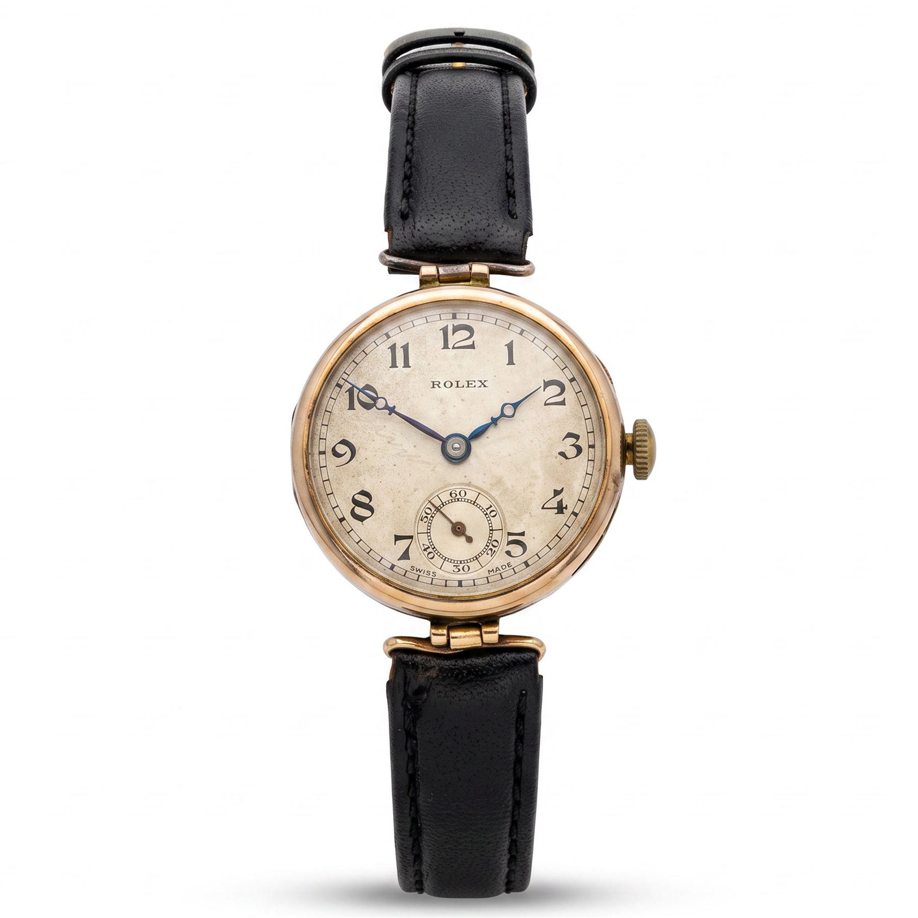 Rolex Prima early 20th century 9ct gold manual wind wristwatch, silvered engine turned sunburst dial with Arabic hour markers and subsidiary seconds dial, case No. 1985, Glasgow import mark 1939, on black leather strap