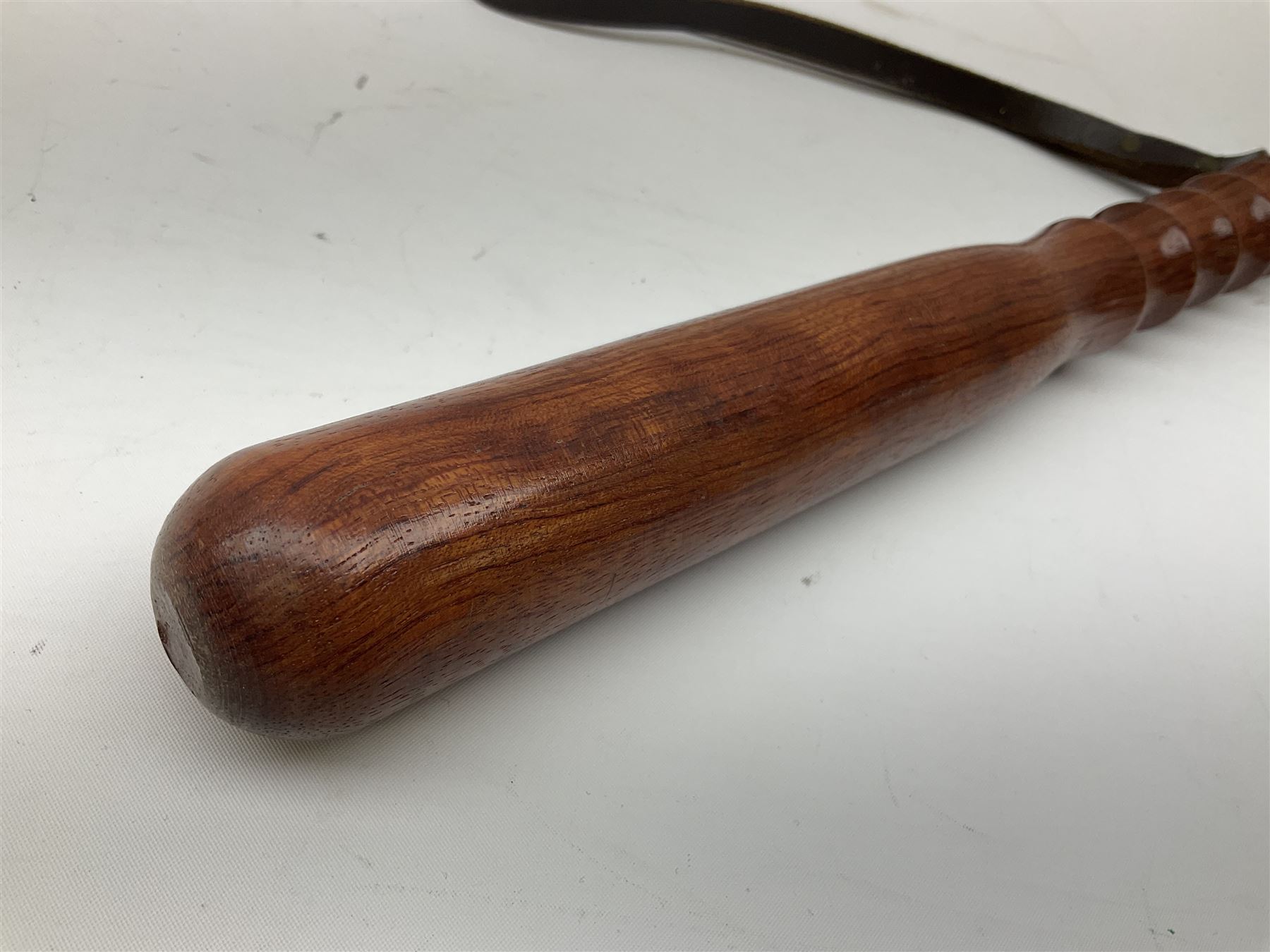 Three police turned hardwood truncheons comprising two patrol truncheons and WPC short truncheon (3)