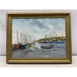 T E Grimshaw (British 20th Century): 'Whitby Harbour' and 'Scarborough Harbour', two oils on board signed, titled verso 37cm x 42cm (2)