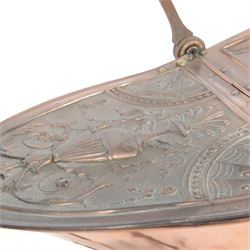 Victorian copper coal scuttle, the helmet shaped body tilting upon stand, with embossed hinged cover, turned wood handle and scoop H53cm
