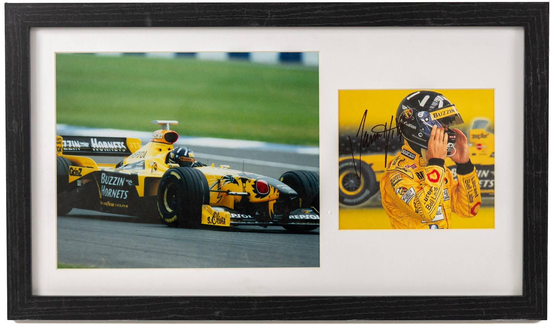 Ten signed Formula 1 photographs, comprising eight Damon Hill examples, Jenson Button and a Nigel Mansell example, nine with certificates of authenticity from Write Stuff Autographs, all framed, largest H47cm, W67cm
