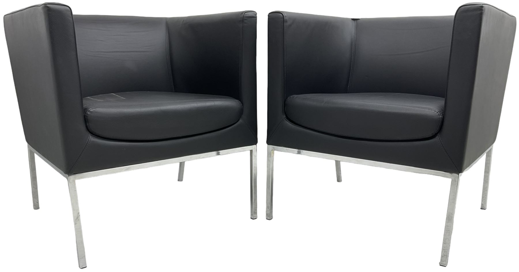 Orangebox - pair of contemporary 'Drift' tub armchairs, upholstered in blakc faux leather, on chrome supports