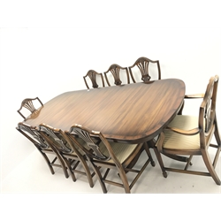 Rackstraw - Georgian style mahogany twin pedestal dining table with single leaf, turned columns on six shaped supports (W180cm and W240cm, H79cm, D104cm) and set eight (6+2) Hepplewhite style dining chairs, shaped cresting, upholstered serpentine seat, square tapering supports on spade feet (W58cm)