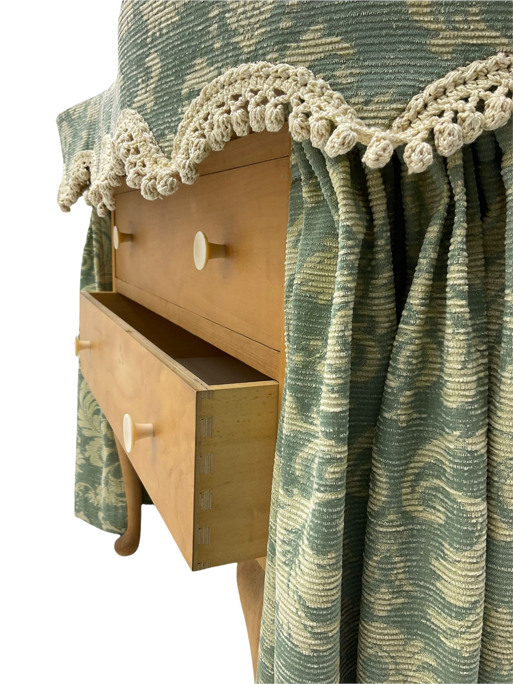 Mid 20th century kidney shaped dressing table, with upholstered curtain