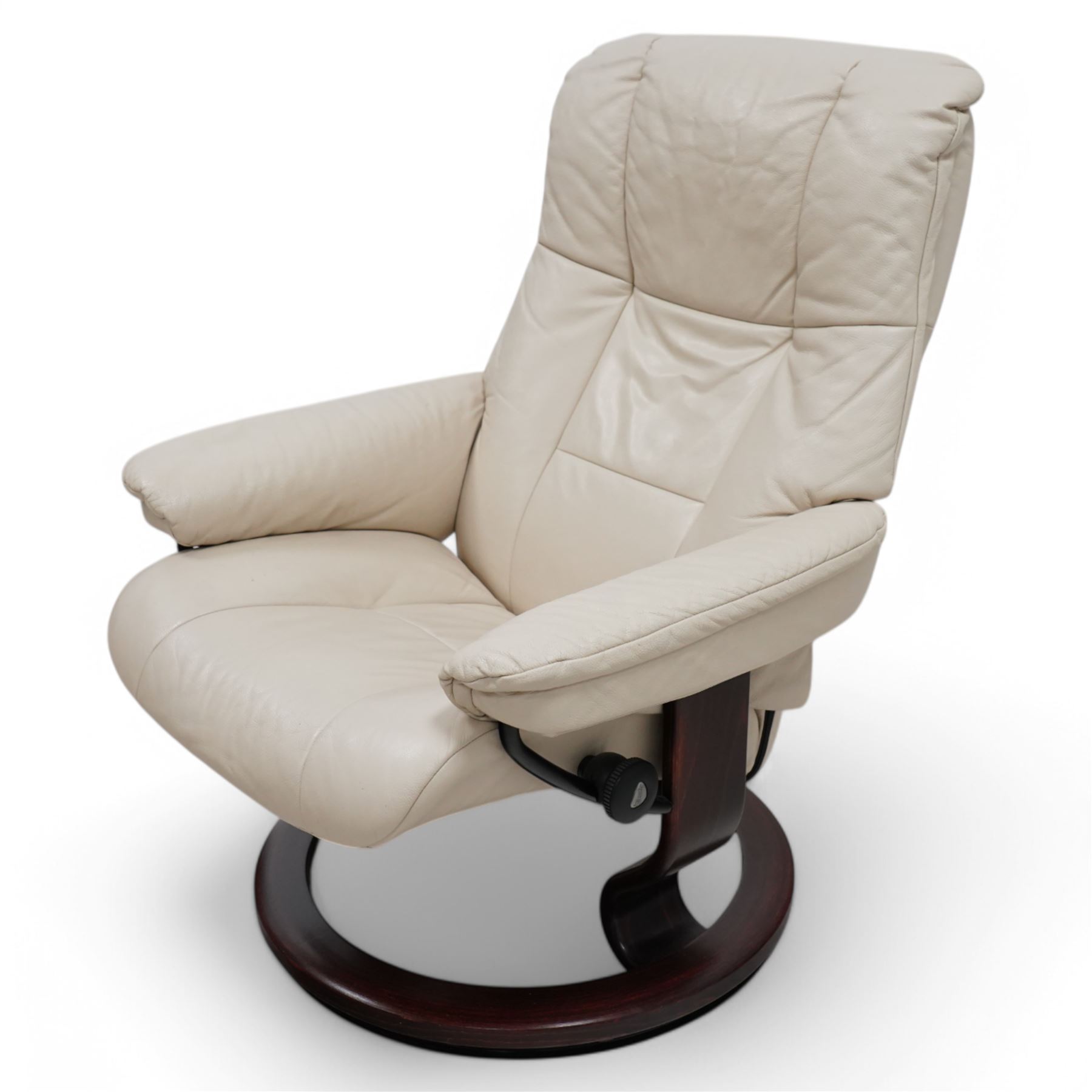 Ekornes - Stressless chair, with padded arms and high backrest, raised on a circular mahogany-stained swivel base, fitted with reclining tension adjustment handle