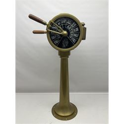 Ship's telegraph on brass floor mounted tapering stand, to suit a twin engined ship, with separately moving handles H83cm
