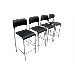 Set four Italian stacking bar stools, black back and seat over chrome supports