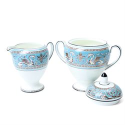 Extensive Wedgwood Turquoise Florentine part service tea, dinner and coffee service for six covers comprising six dinner plates, six dessert plates, six soup bowls and stands, pair of vegetable dishes and covers, gravy boat ad stand, oval meat plates, six tea cups and saucers, six coffee cans and saucers, six tea plates, teapot, coffee pot, sucrier and cover, sugar bowl, milk and cream jugs and cake plate, 72 pieces