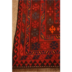  Old Ghalmori Kelim red ground rug, geometric pattern field, repeating border, 310cm x 198cm  