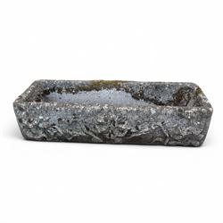 Pair of rectangular weathered cast stone planters, ornate moulded detail