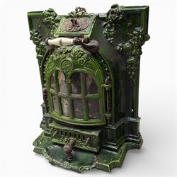 Art Nouveau French green enamelled cast iron stove by Deville & Cie