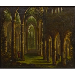  Figures Walking in the Abbey Ruin, 19th century oil on canvas unsigned 24cm x 29cm and  Princess Dock, Hull, watercolour signed and dated 1930 by G M E Winter 23cm x 25cm (2)  