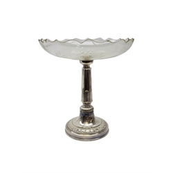  Early 20th century cut glass and silver-plated tazza, tapered fluted column with acanthus leaf casting & gadrooned border with a floral etched glass bowl and shaped top, in the manner of WMF, H36cm   