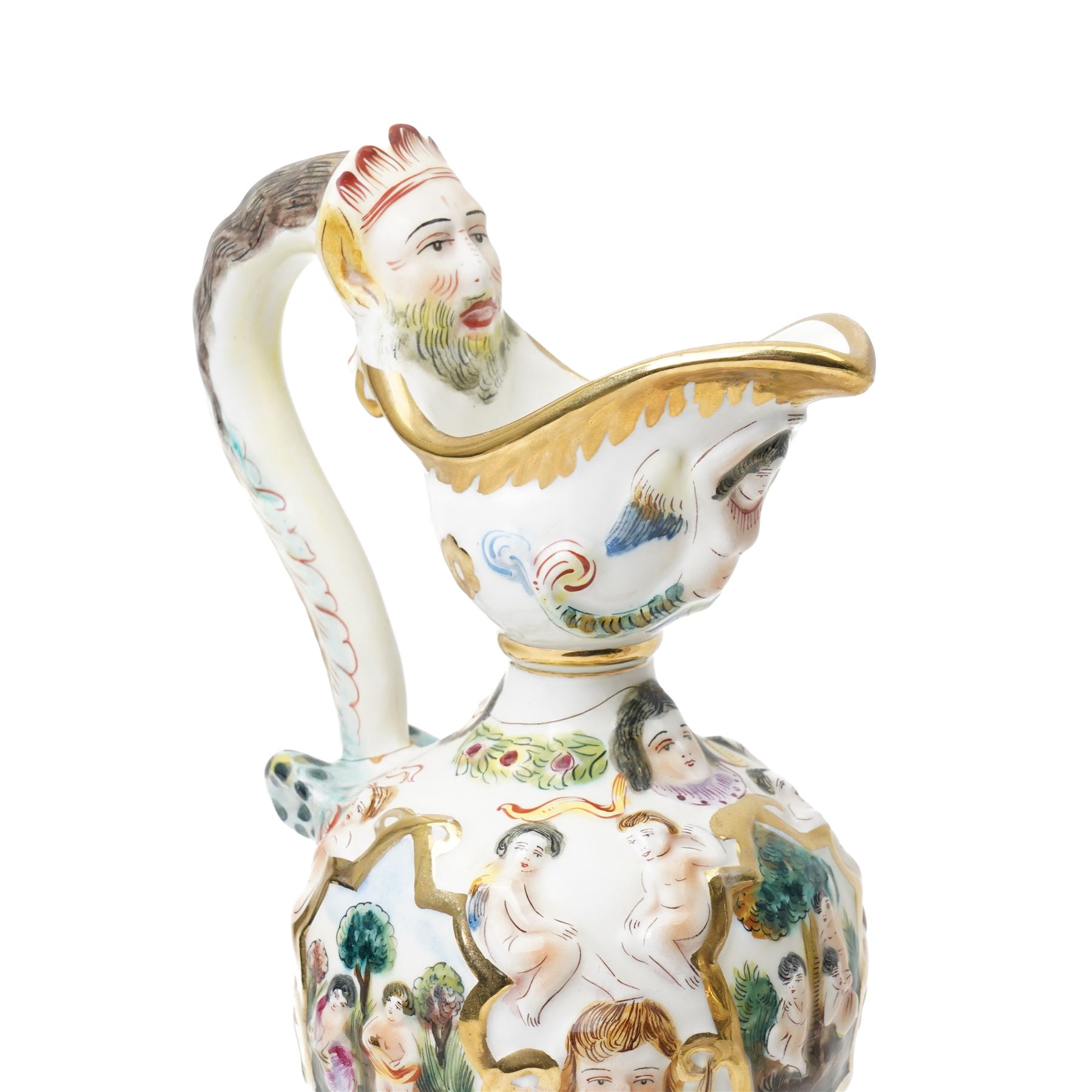 Capodimonte vase and cover decorated with a raised pattern of cherubic figures H32cm, another vases and cover with panels of figures H33cm, bowl and cover with similar decoration D20cm and two other Capodimonte pieces (5)