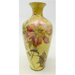  Late 19th century vase by John Bennett (1840-1907) painted with chrysanthemums amongst foliage on yellow ground, signed and dated London 1891, H31.5cm   