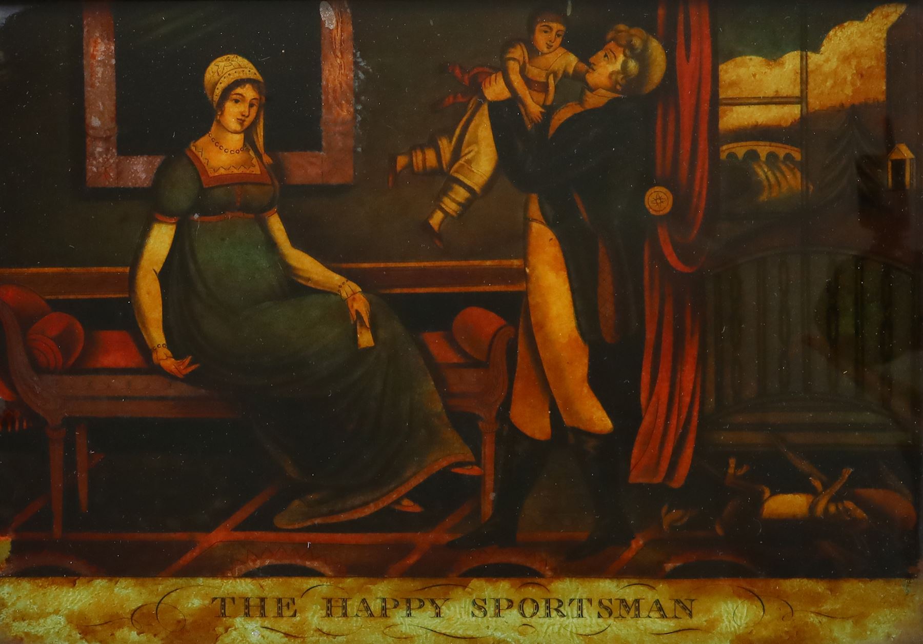 Pair of 19th century coloured reverse glass prints, The Affectionate Wife and The Happy Sportsman, H36cm, L46cm