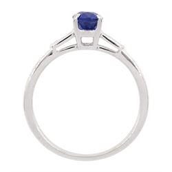 18ct white gold sapphire and diamond ring, single oval cut sapphire of approx 1.20 carat, with diamond set shoulders, hallmarked