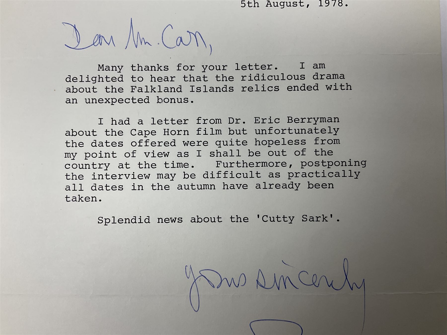 HRH Philip Duke of Edinburgh - typed letter on Edmonton Plaza Hotel Canada headed notepaper dated 5th August 1978 acknowledging receipt of a letter regarding Falklands Islands relics and postponement of an interview; signed 'Yours Sincerely Philip'