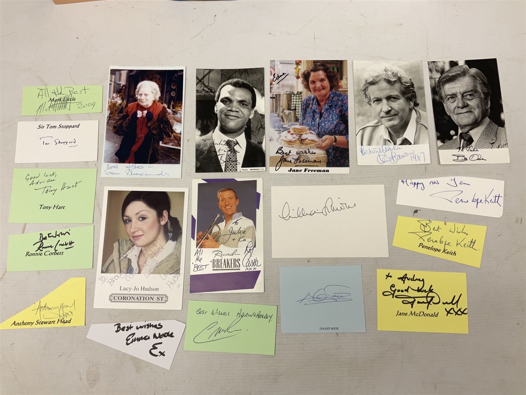 1949 England cricket team signatures including Hutton, Compton, Edrich, Laker etc on loose album page; and large quantity of other autographs of predominantly TV Soap Opera stars from Last of the Summer Wine, Eastenders, Emmerdale, Coronation Street, Heartbeat etc and other TV/Film personalities; on promotional photographs and clipped fragments of paper etc