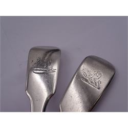 William IV silver Fiddle pattern table spoon, hallmarked Lewis Samuel, London 1832, together with a Victorian example, hallmarked London 1847, makers mark indistinct, each approximately L22.5cm, approximate total weight 5.11 ozt (159 grams)