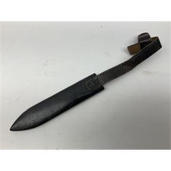 German Hitler Youth dagger the 14cm steel blade by Eickhorn Solingen inscribed Blut und Ehre and marked RZM M 7/66, chequered black grip with inset enamel diamond shaped insignia; in steel scabbard with leather frog L27cm overall
