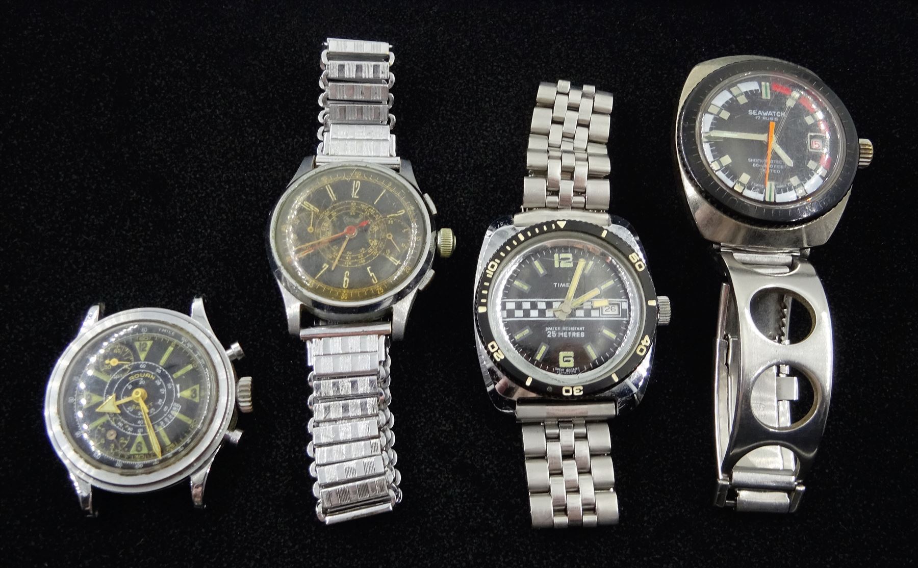 Timex 25 Metres wristwatch with chequered flag dial, Seawatch 17 rubies wristwatch, on Expandro bracelet, Ogival and Rouan Sport chronograph wristwatches, all manual wind movements (4)