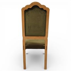 20th century set of eight dining chairs, high back form with shaped and scalloped back rails enclosing upholstered panels, matching upholstered seats, on square legs with shaped apron stretchers
