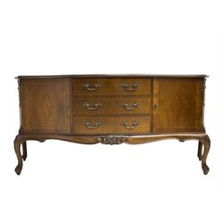 French design inlaid walnut serpentine sideboard, the crossbanding top with satinwood stringing and foliate inlay, fitted with three drawers flanked by cupboards, the chamfered uprights with moulded ribbon decoration, shaped apron with cabriole supports