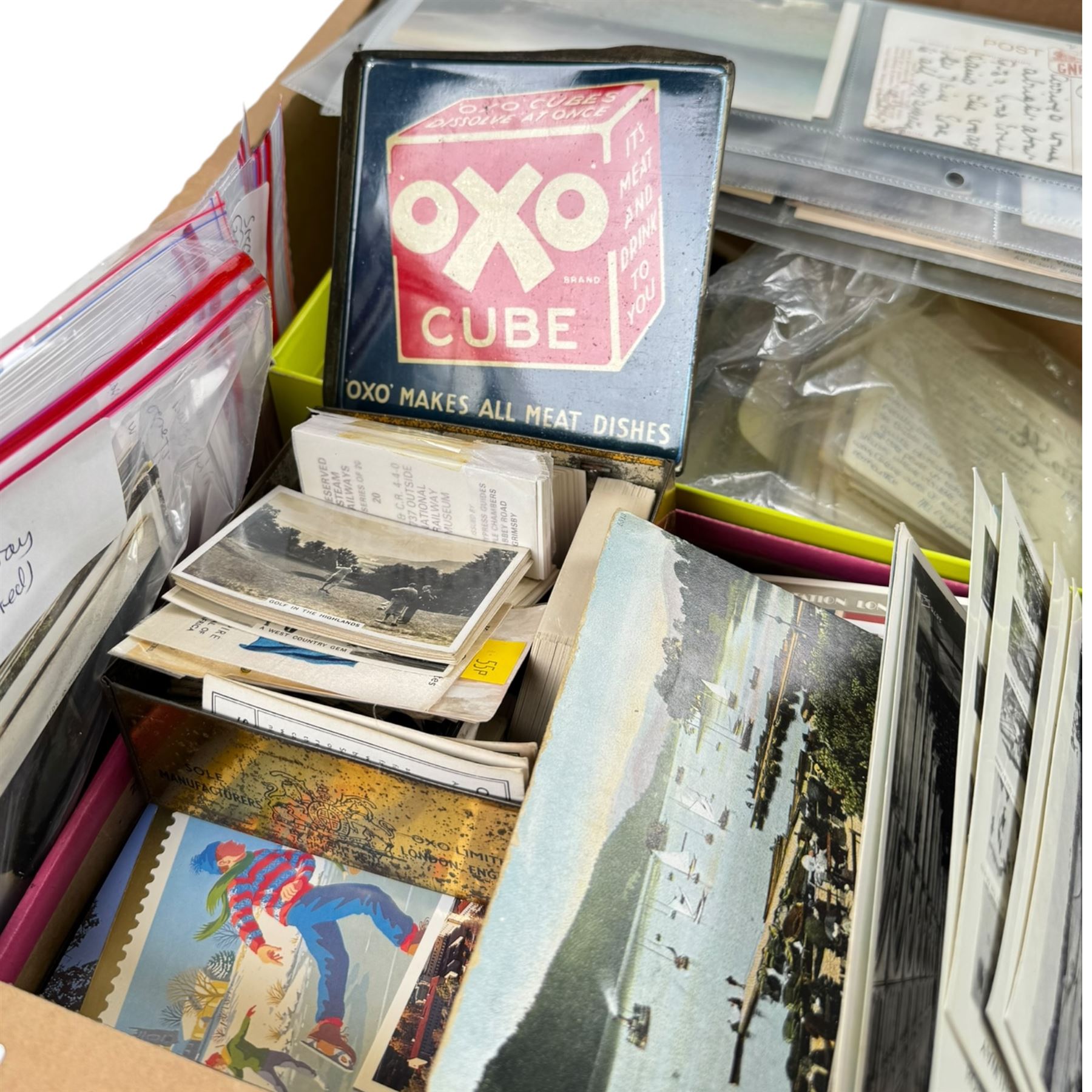 Postcards, cigarette cards and other ephemera, including silk cards, Bamforth WWI postcards, railway postcards, etc