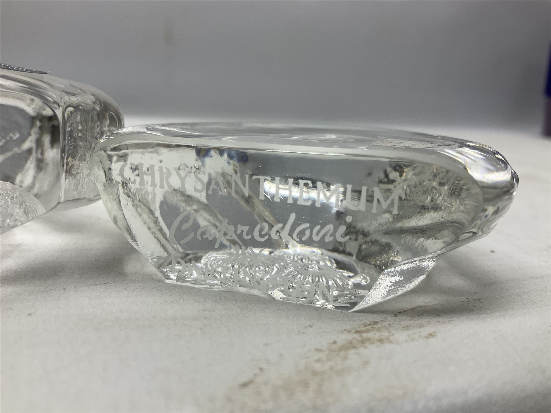 Mats Jonasson of Sweden glass Otter paperweight, Capredoni by Dartington Crystal Crysanthemum paperweight, boxed British Fossils agate geode, silver plated wine bottle coaster and Aynsley vase, etc, all boxed